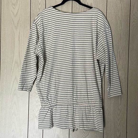 Vintage Oversized Tunic Sz M Drawstring Drop Waist Cream with Gray Stripes Retro - Picture 2 of 7